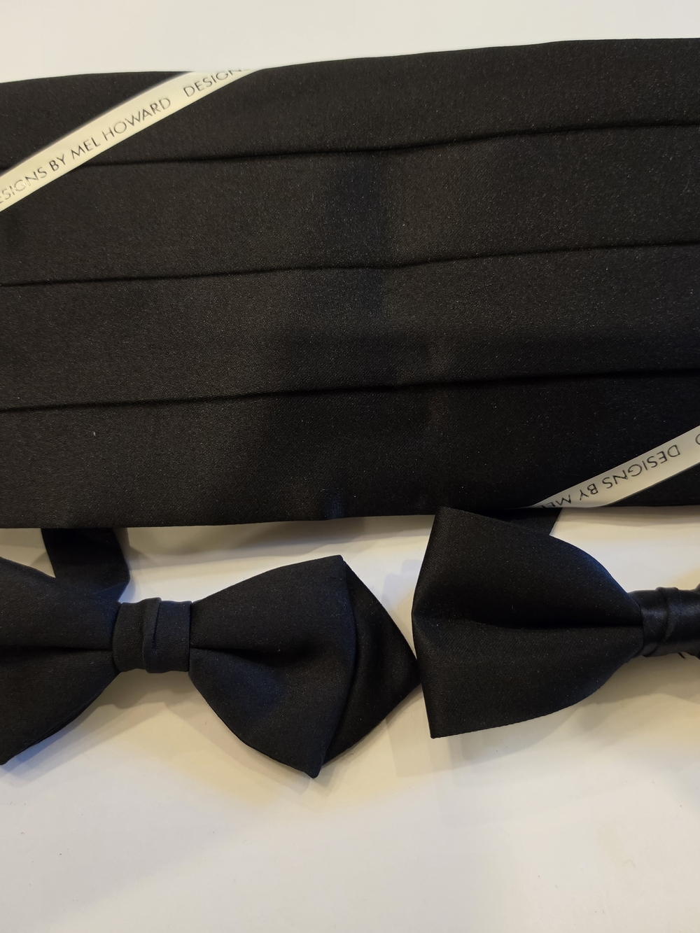Mel Howard Designs Black Satin Cummerbund & Two Pre-Tied Bow Ties